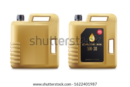 Golden brown engine oil canister mockup with and without label - plastic bottle container for car motor lubricant or fuel isolated on white background, vector illustration