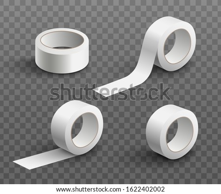 Cylinder rolls of white blank sticky scotch tape - set of photo realistic vector illustration isolated on transparent background. Adhesive office tape collection.
