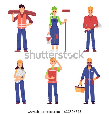 Cartoon set of builder and construction worker people isolated on white background - men and women in uniform standing and smiling - flat vector illustration.