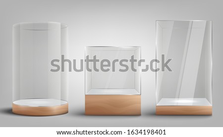 Set of glass exhibition or gallery showcases in various shapes, realistic vector mockup illustration isolated on white background. Transparent boutique show box template.