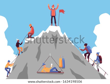 Cartoon people climbing mountain and happy man standing on top with flag celebrating success. Climber group nearing rock peak - flat vector illustration. ストックフォト © 
