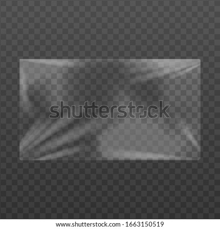 Plastic or cellophane membrane texture effect template, realistic vector illustration isolated on a white background. Products packaging cling film mockup. 商業照片 © 