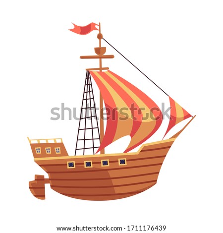 Old sea ship with sails and wooden desk or sailboat flat vector illustration isolated on white background. Vintage mast vessel and pirate galleon icon or symbol. ストックフォト © 