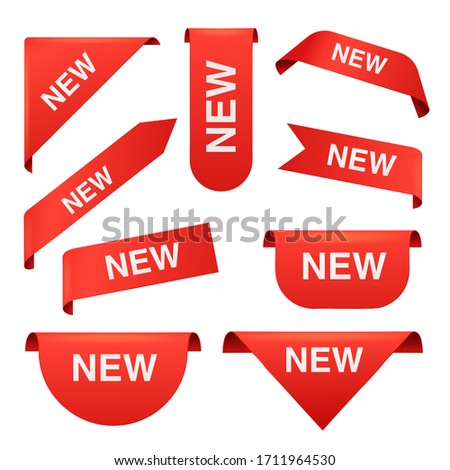 New red corners and business ribbons templates set, 3d realistic vector illustration isolated on white background. Brochure page divider and banner edge tag or label.