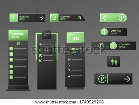 Signage set of direction, pole and wall mounted sign boards template with space for logo and text, realistic vector illustration isolated on transparent background.