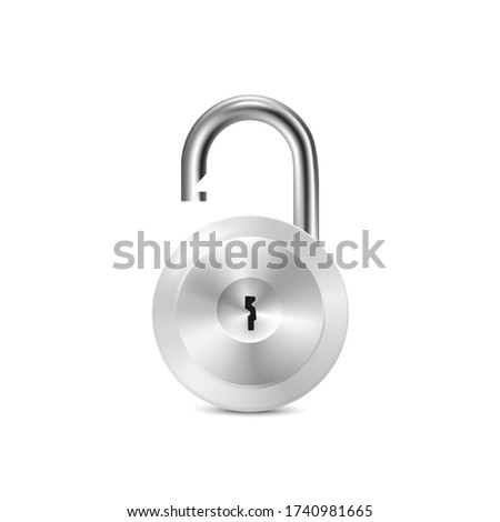 Round metal open door padlock or protection chrome lock template, realistic vector illustration isolated on white background. Symbol of privacy for web and mobile apps.