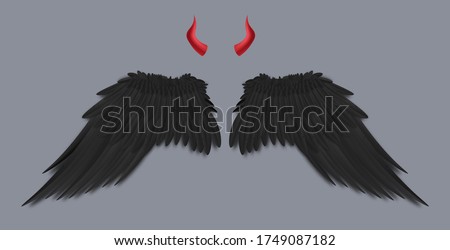 Template of devil black feather wings and small red horns, realistic vector illustration isolated on grey background. Demon attributes or Halloween costume elements.