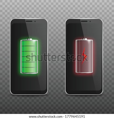 Set with two smartphones black screen with low battery and full charged colorful indicator, realistic vector illustration isolated on transparent background.