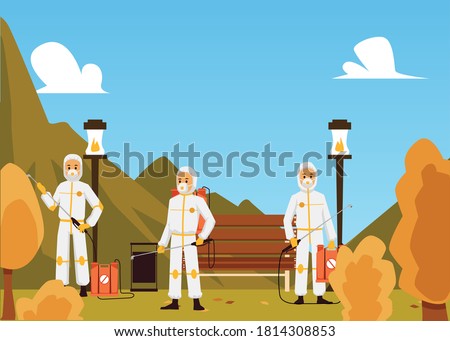 Three exterminators wearing special uniform providing pest control service outdoors in park. Professional insects poisoning work, flat cartoon vector illustration