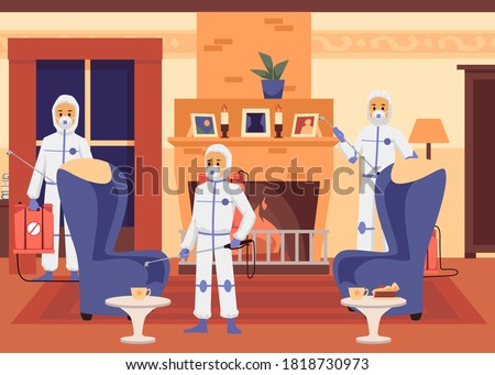 Three exterminators wearing special uniform providing pest control service inside building apartment. Insects poisoning work, flat cartoon vector illustration