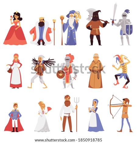 Set of noble and simple citizens of medieval age town, flat vector illustration isolated on white background. Medieval knights and ladies, peasants and poors.