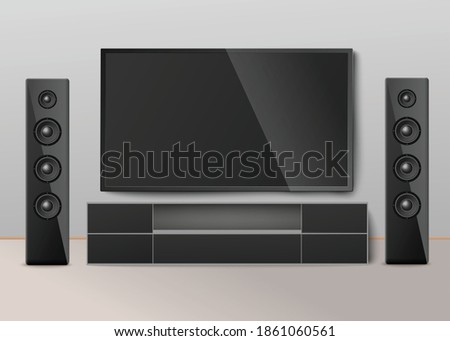 Interior room with modern cinema system. Video equipment for home entertainment. Digital electronic stereo technology. Vector realistic 3D illustration.