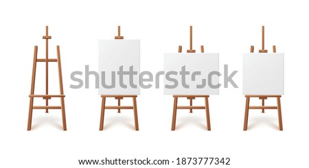 Template of painting easels with and without artboard canvas, realistic vector illustration isolated on white background. Mockup of artboards standing on easel.