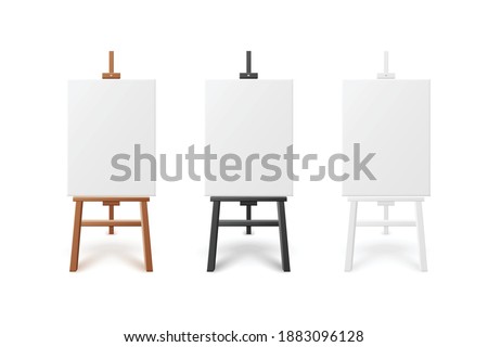 Set of white blank artboards or canvas standing on differently painted wooden easels, realistic vector illustration isolated on white background. Artboards templates set.