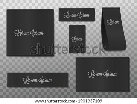 Black blank fabric clothing labels templates set, 3d realistic vector illustration isolated on transparent background. Textile clothing square tags and ribbons with copy space.