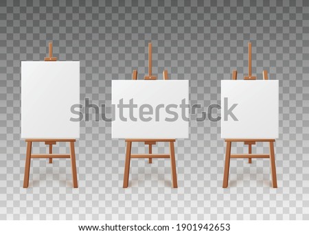 White blank artboards or canvas of various shapes standing on wooden easels, realistic vector illustration isolated on transparent background. Templates set of artboards.
