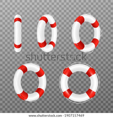 Set templates of white and red, striped rescue lifebuoy, realistic vector illustration isolated on transparent background. Lifebuoy or life preserver rings.