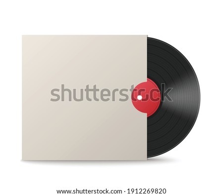 Mockup of vinyl music disc in blank white envelope cover, 3d realistic vector illustration isolated on white background. Music lp retro vinyl disc template.