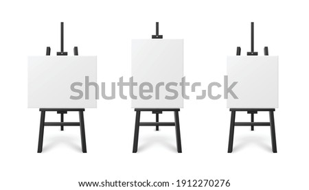 Templates set of blank white artboard on wooden easel, realistic vector illustration isolated on white background. Exhibition or presentation stands mockup.
