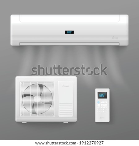 Air conditioner and split air control system templates set, realistic vector illustration isolated on grey background. Air conditioning appliances collection.