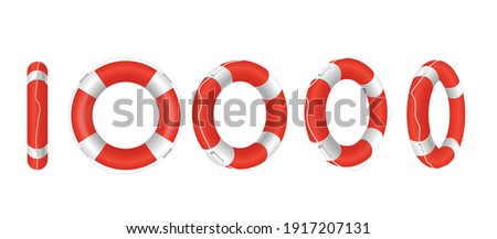 Set of red life buoys in different angles. Rescue belts, inflatable rubbers ring with rope for help and safety of life drowning. Vector realistic 3d isolated illustration on white.