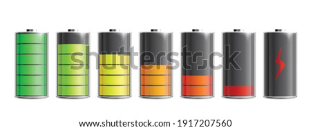Discharged and various level energy alkaline batteries infographic set, realistic vector illustration isolated on background. Electric power accumulators bundle.