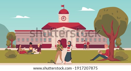 Summer day landscape with university or college campus building and students cartoon characters, flat vector illustration. Campus ancient house with park.