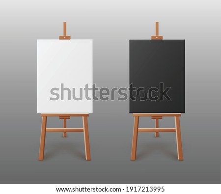Template of two black and white canvas staying on artist easels, realistic vector illustration isolated on grey background. Presentation boards or artboards on tripod.