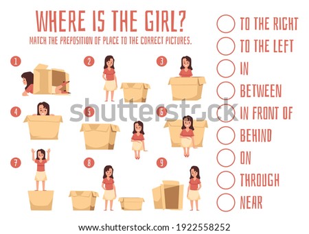 Where is girl - banner with text for learning prepositions of place. Educational game for preschool, children who study english vocabulary how foreign language. Vector illustration