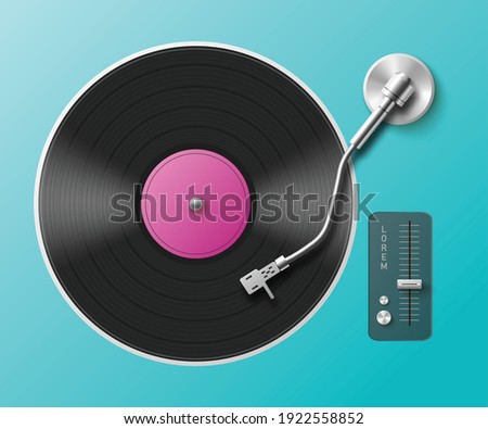 Retro music turntable for vinyl records. Vintage gramophone sound player with black audio disc with purple label. Vector realistic 3d illustration on blue background.