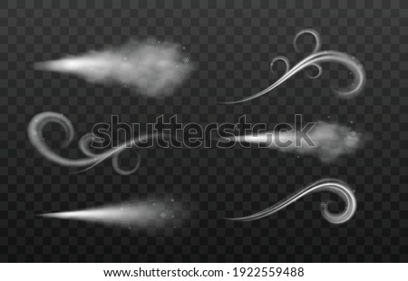 Winter wind blow. Collection designs of swirls of air with snow and whiffs of cold with snowflakes. Isolated symbols of snowy weather on black background. Vector 3d illustrations