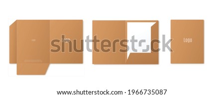 Template of cardboard blank open and closed folder for paper with place for corporate design and logo on cover. Stationery for business office. Realistic 3d vector illustration.