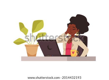 Upset african american woman holding her head while reading news in computer, flat cartoon vector illustration isolated on white background. Confused embarrassed person.