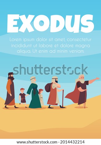 Scene of bible narrative about exodus israelites led by Moses. Old religious biblical story. Flat cartoon vector illustration.