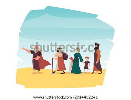 Old Testament exodus israelites of Egypt with Moses prophet leading people from slavery, flat vector illustration isolated on white background. Exodus or Jewish Passover.