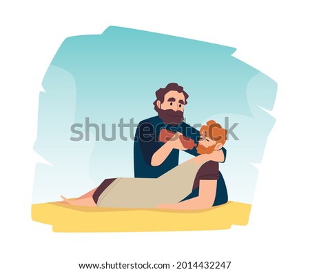 Scene of bible parable about good samaritan help to injured man. Christian religion story of salvation and assistance victim of robbers. Flat cartoon vector illustration.