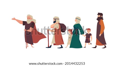 Biblical Moses prophet leading Jewish people from Egypt, flat vector illustration isolated on white background. Exodus israelites of Egypt of Old Testament of Bible.