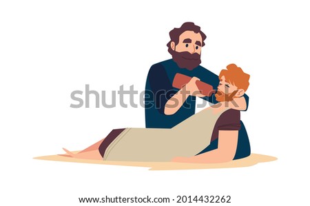 Bible parable about good samaritan help to injured man. Christian religion story of salvation and assistance victim of robbers. Flat cartoon vector illustration isolated on white