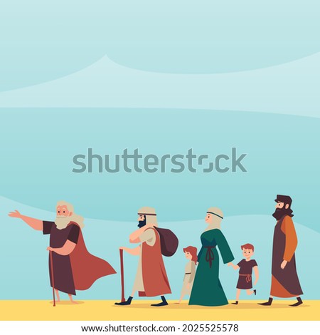 Israelites left Egypt led by Moses, flat vector illustration. Bible Exodus episode for holiday banner or card. Judaism and Christianity religious biblical narrative.