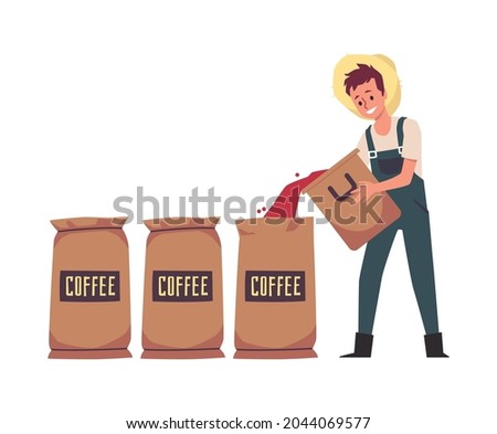 Male farmer filling sacks with coffee beans. Industrial coffee production from harvest on farm to packaging ready grains. Manufacturing popular beverage. Vector flat illustration