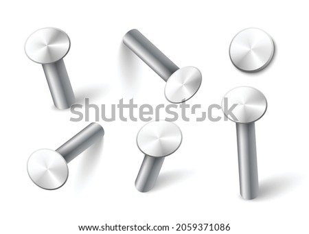 Set of metal nails in different perspective images on white background in realistic vector illustration on white background. Nails hammered into wall, steel or silver round, shiny pin heads.