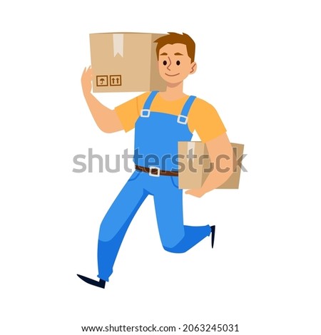 Moving and delivery company employee male character running with boxes, flat vector illustration isolated on white background. House moving loading and transport service. ストックフォト © 