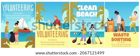 Volunteering cleaning up and waste sorting event banners, flat vector illustration. Set of banners or posters with volunteers picking and sorting garbage.