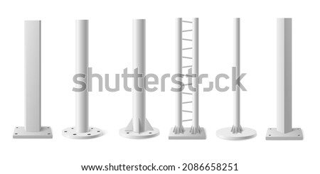 Metal poles or columns in realistic 3d style, vector illustration isolated on white background. Set of steel vertical pipes or pillars for street light or billboard.