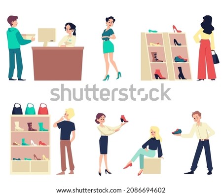Set of people in shoe store taking shoes off shelves and paying for purchases, flat vector illustration isolated on white background. People in fashion footwear shop.