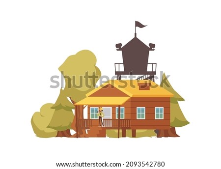 Hunter or ranger forest wooden house with observation tower on roof, flat cartoon vector illustration isolated on white background. Cabin in forest or eco house.