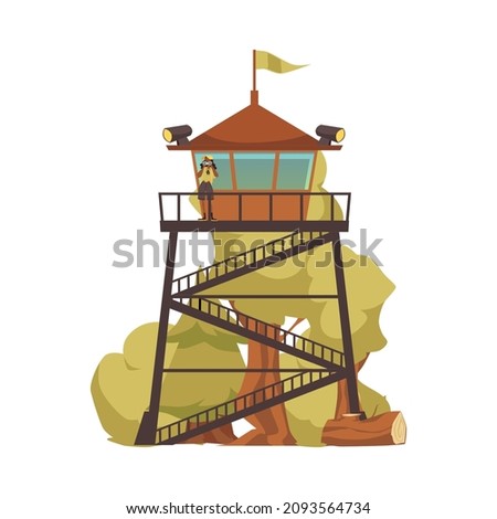 Fire watch tower. Female ranger look at the forest with binoculars to detect smoke of wildfire, cartoon vector illustration. Fire lookout tower or watchtower .