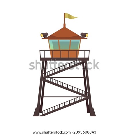 Observation tower for hunters and safari or for rangers patrol, flat vector illustration isolated on white background. Wooden tower for observation of surroundings.