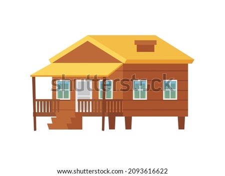 Chalet or country wooden house, flat cartoon vector illustration isolated on white background. Cabin in forest or eco house on nature, hunter lodge sign or symbol.