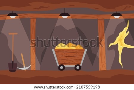 Underground gold mine background, flat vector illustration. Gold extraction, digging and mining treasures. Flat layer of mine with gold nuggets in ground.